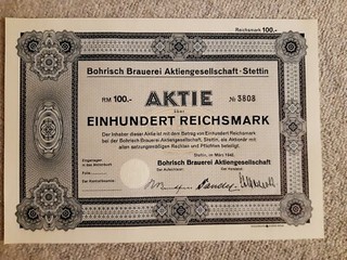 Bohrisch Brauerei Stettin historische Aktie 100 RM Nennwert top Zustand
