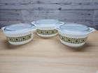 VINTAGE 1960'S PYREX GREEN VERDE SQUARE FLOWERS PATTERN - 3 PCS + LIDS