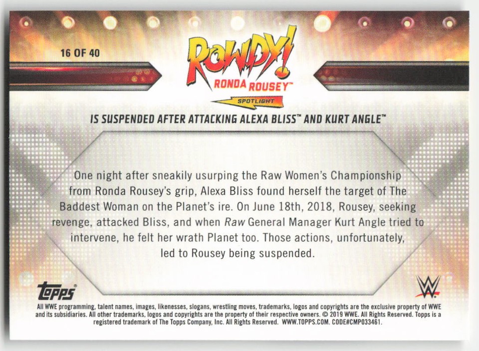 2019 Topps WWE RAW Rowdy Ronda Rousey Spotlight Ronda Rousey #16 | eBay
