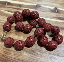 Vintage Chinese Red Cinnabar Lacquer Hand Carved Hand Knotted Beaded Necklace