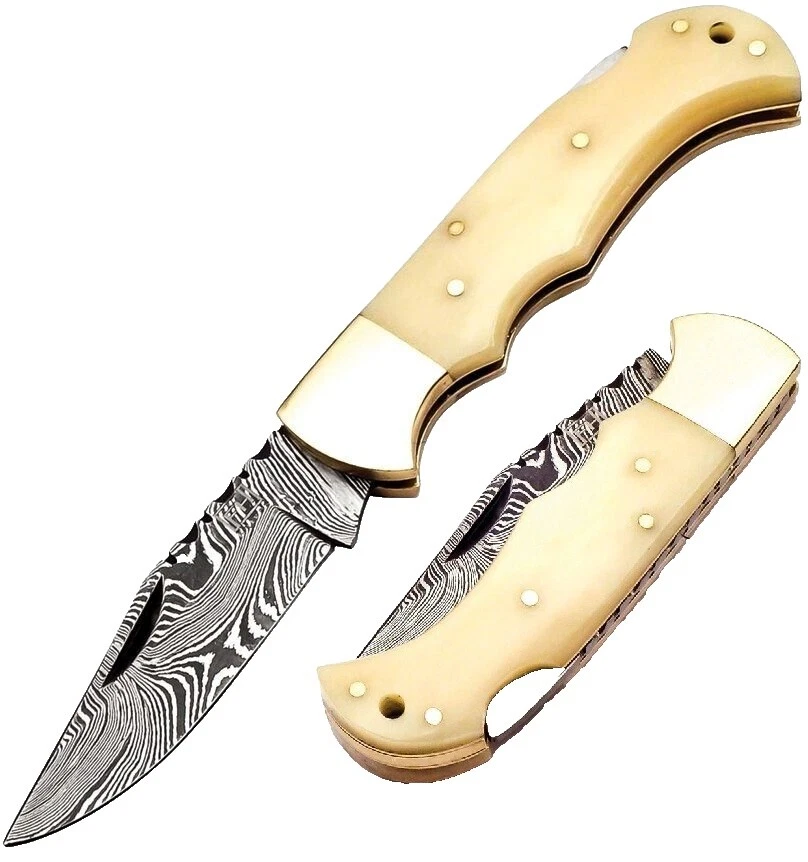 Damascus Steel Blade White Bone Handle Collectible Folding Knives