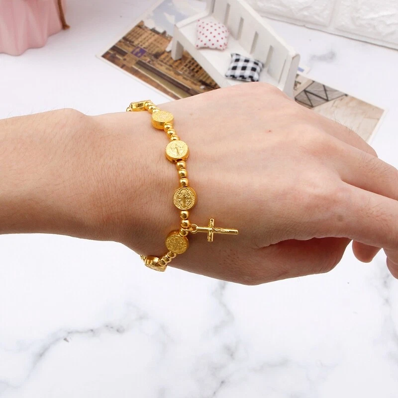 Gold Religious Catholic Rosary Bead Chain Bracelet with Crucifix