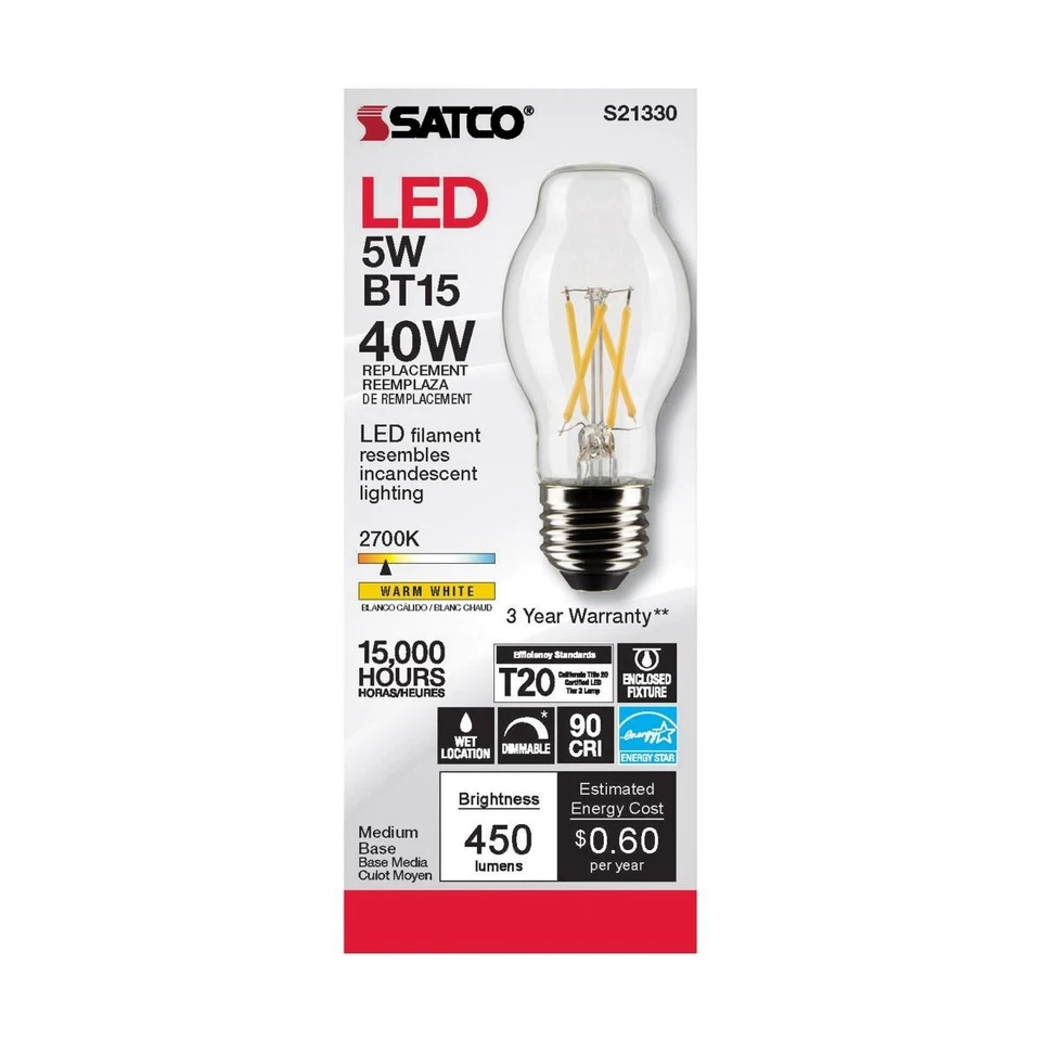 SATCO S21330 - 5 Watt BT15 LED Light Bulb - 2700K - 120 Volts (6 Pack) - Image 2 of 4