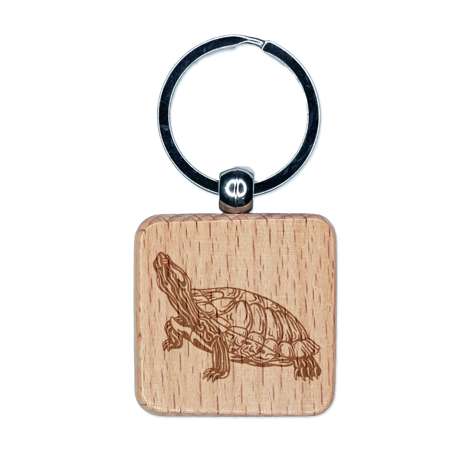 Red-Eared Slider Turtle Pet Reptile Engraved Wood Square Keychain Tag Charm