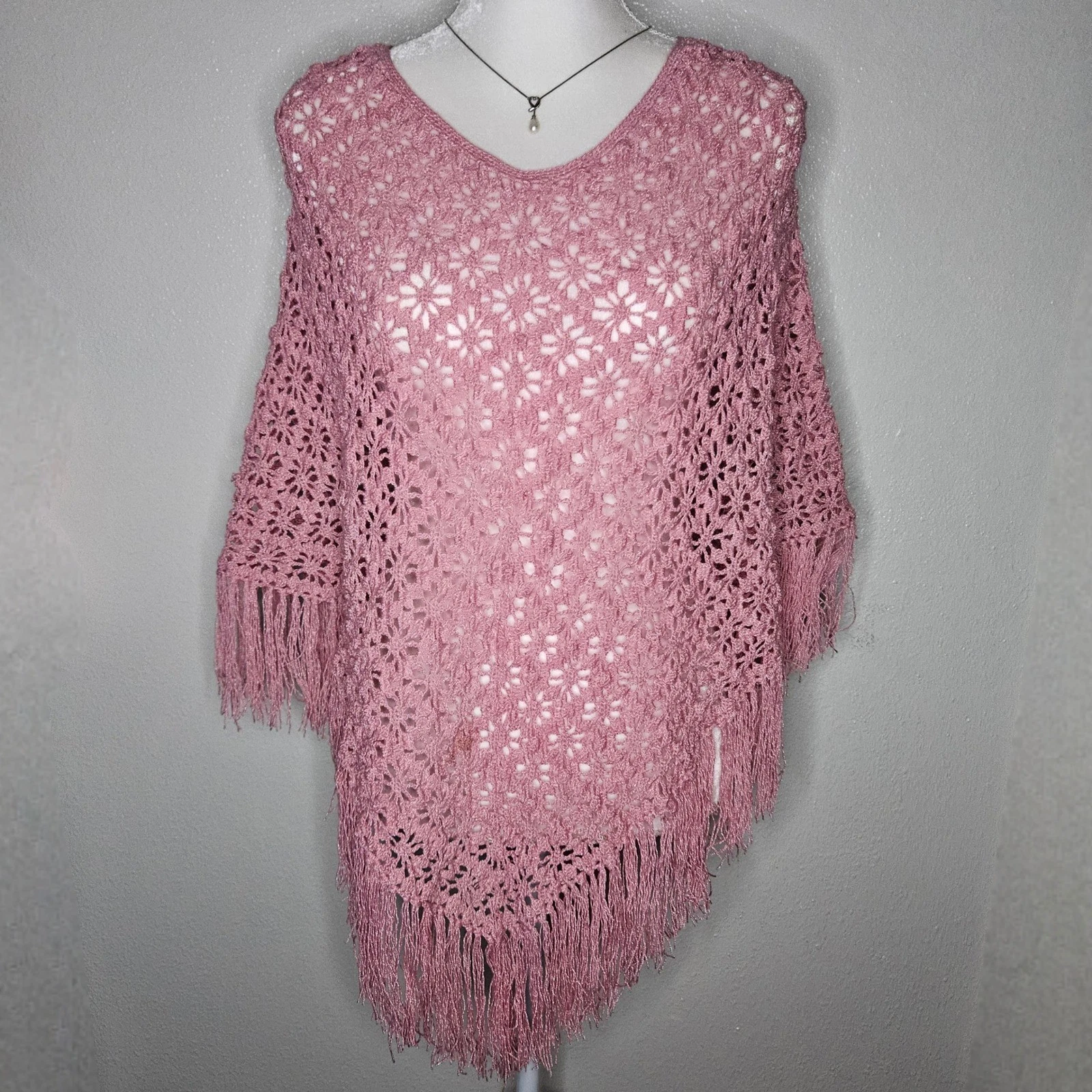 Floral Crochet Fringe Poncho Dusty Rose Pink One Size