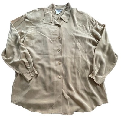 Silk Boutique Blouse Women s Size Large Tan Long Sleeve Vintage Button Down Top