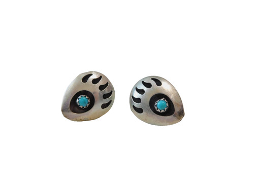 Sterling Silver Bear Paw Stud Earrings Turquoise Southwest 1.9g