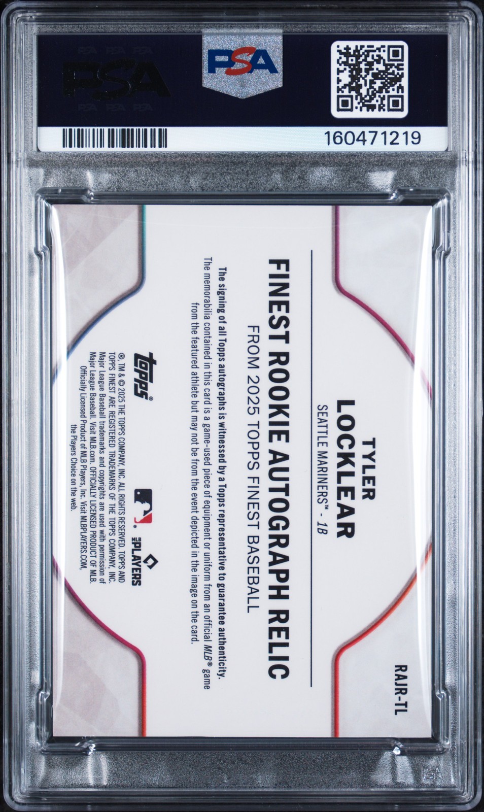 2025 TOPPS FINEST FINEST ROOKIE AUTO RELIC #RAJRTL TYLER LOCKLEAR 152/299 PSA 5 view 2