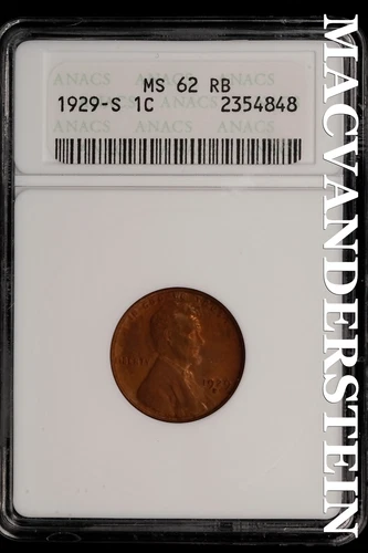 1929-S Lincoln Wheat Cent-ANACS MS 62 RB Gem BU No Reserve #SLL545