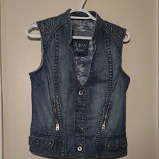Guess Blue Denim Vest Women Large with Silver Studs Buckle Accents