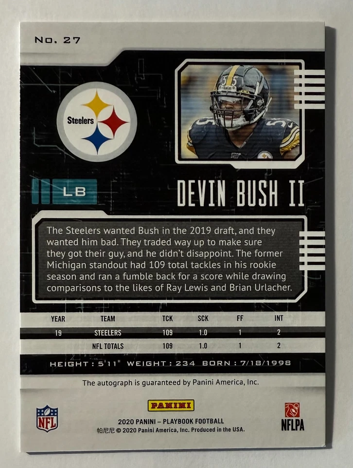 2020 Panini Playoff Devin Bush II Jr Platinum Auto 16/25 - Image 2 of 2