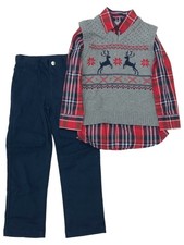 Boys 3PC Suit Gray Deer Vest Red Plaid Shirt Navy Dress Pants Outfit 4