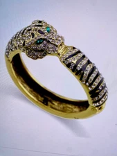 Crystalized Cat Panther Leopard Cat Bangle Cuff Bracelet