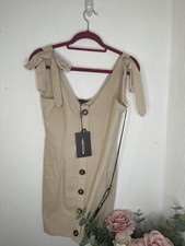 Pretty Little Thing Beige Size 8 Button Front Tie Shoulder Dress