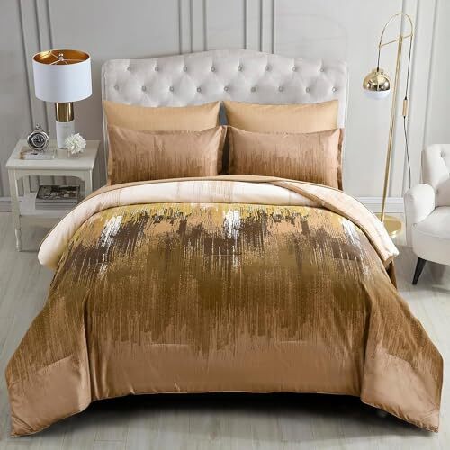 Comforter Set,7 Pieces Bed in a Bag Abstract Art Gradient Queen Brown-image