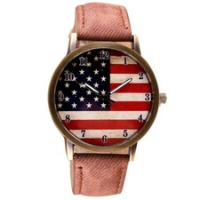 American Flag Watch w/ Brown Wrist Strap - Faux Leather, Patriot USA Quartz
