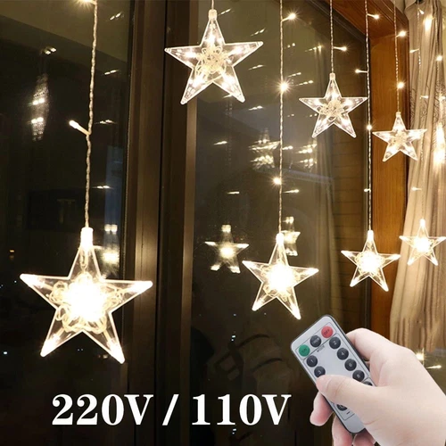 Luces Cadena Estrellas LED Navidad Garland Cortina Hadas Luz 2.5M Al Aire Libre