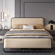 Metal Platform Bed Frame with Curved Upholstered Headboard & Footboard, Beige