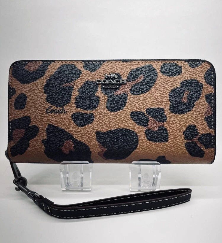 COACH Zip around Long wallet with Strap Leopard Brown White Ivory New.CC865