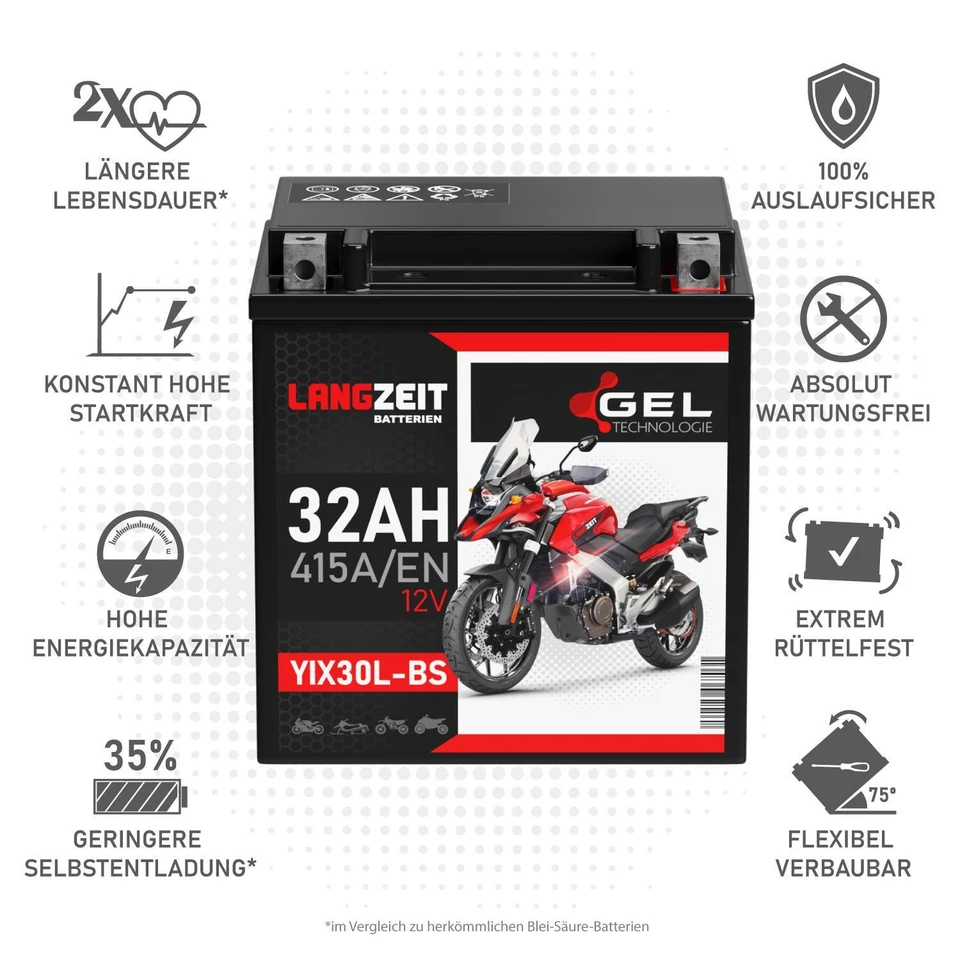 Langzeit YIX30L-BS Motorradbatterie GEL 12V 32Ah 415A/EN Batterie 83200 83000 - Bild 2 von 4
