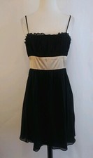 NINE WEST DRESS Black Silk Spaghetti Strap Dress 8 Pale Gold Waistband runch EUC
