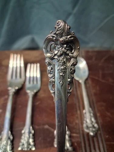 Wallace Sterling Silver Flatware Set Ornate Floral Pattern in Wooden Box