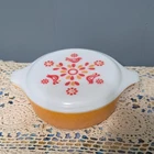 PYREX Orange, White & Red Glass Casserole Dish Friendship Pattern w/ Lid Vintage