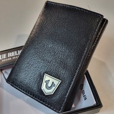 True Religion Leather Black Wallet Trifold Mens Silver Sheild Logo New Giftbox