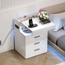 Led Nightstand with Hidden Space, Modern Night Stand with Charging Station, 3...