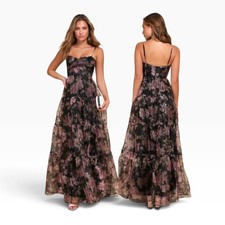 Lulus Exclusive Glamour Black Floral Organza Tiered Maxi Dress size M