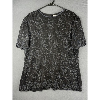 Papell Boutique Evening Women's Black Beaded Short Sleeve Round Neck Top Size XL