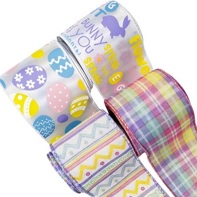 4 Rolls 2.5 Inch x 5 Yards Easter Wired Ribbon Pastel Egg Bunny Chevron