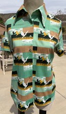 1970s 80s Vintage green w/birds disco poly button up
