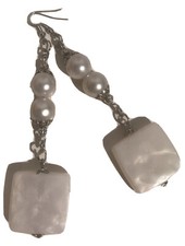 White Square And Pearl Earrings Long Acrylic 374