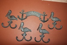 5 - Antique Look Nautical Welcome,metalPlaque, Wall Hooks,anchors and pelicans