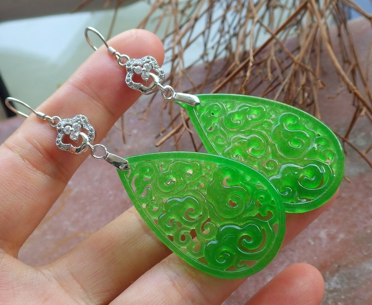 925 Sterling Silver Green Jade Earrings Flower Teardrop 925 Sterling Silver Green Jade Earrings Flower Teardrop