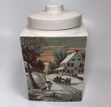 Vintage Tea Caddy Ceramic Canister Snow Scene Cork Lined Lid Winter Transfer