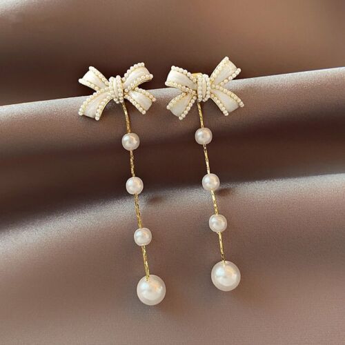 Fashion Long Bowknot Pearl Stud Earrings Drop Dangle Women Wedding Jewelry Gift - Picture 1 of 5