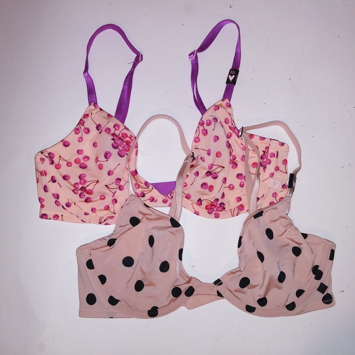 Set of 2 Victoria Secret Bra 32C Unlined Demi Beige Black Pink