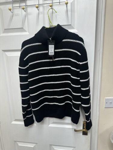 New Look Black Stripe Ribbed Zip Collar Jumper Size S - Picture 1 of 7