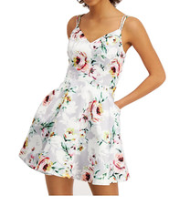 CITY STUDIO Silver/Multi SATIN Pockets FLORAL PRINT Cocktail FIT & FLARE DRESS 0