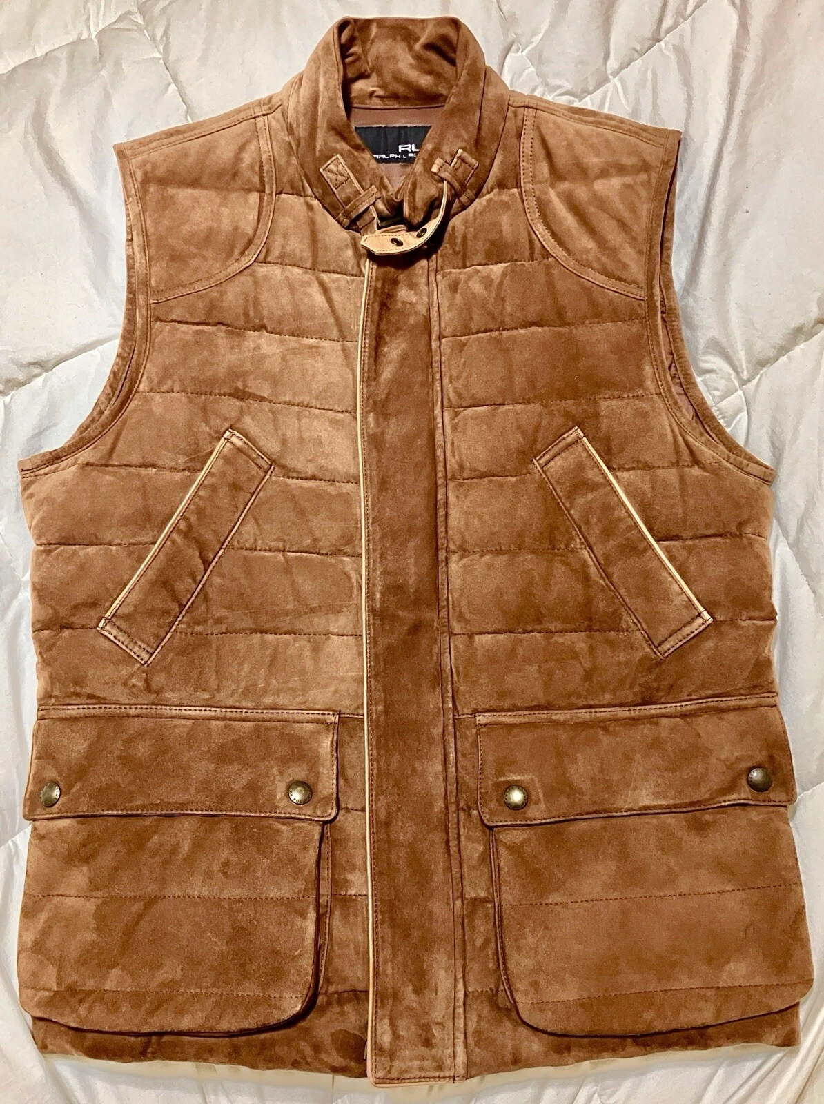 NWOT vintage Vest Ralph Lauren Medium Goat Suede Leather Goose Down RLX Brown