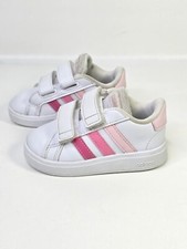 Adidas Girls Grand Court 2.0 Scarpa White Pink Stipes Sneakers Hook Loop Sz 5K