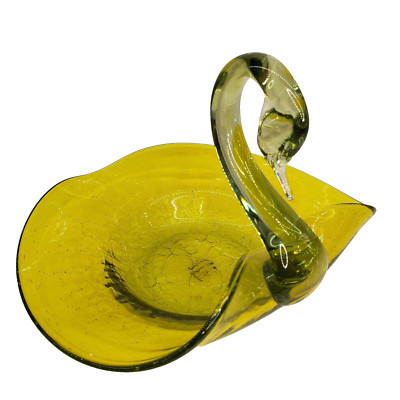 Yellow Glass Swan Dish Bowl Citron Crackle Stretched Bottom Vintage Mouth Blown