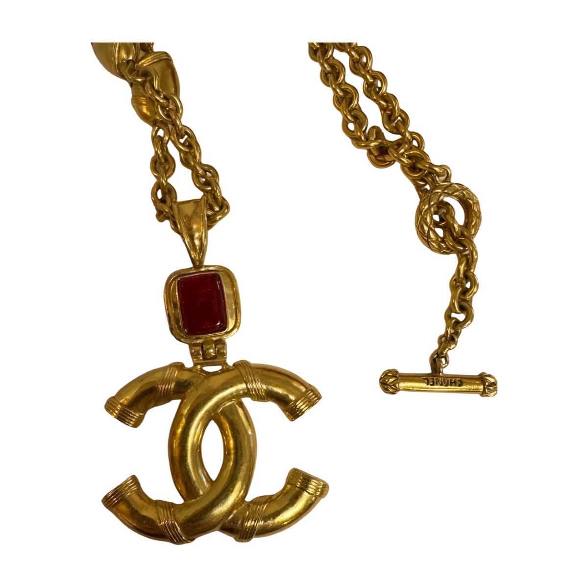 Chanel 1994 Vintage Red Gripoix CC Logo Matelasse Pendant Necklace