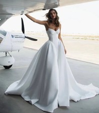 Modern Off The Shoulder A Line Wedding Dress 2026 Satin Court Train V Neck