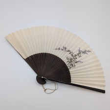 Hand Fan Ivory Brown Plant Design Hand Painted Paper Wood Timeworn