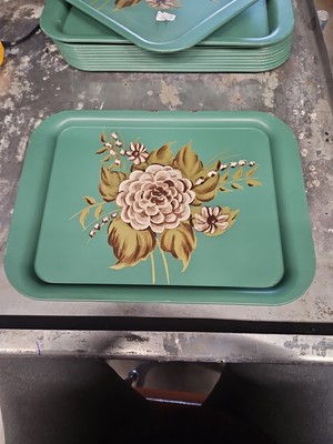 Vintage Metal TV Serving Tray Teal Green Gold White 11x15 Patio Picnic Lot