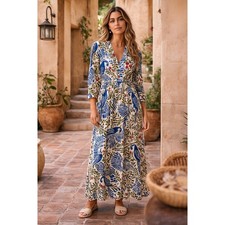 Farm Rio Bird Print Long Sleeve Maxi Dress Arara Blue Tropical Boho Resort XS