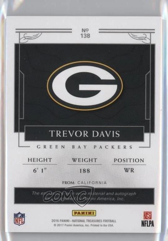2016 Panini National Treasures RPS /10 Trevor Davis RPA Rookie Patch Auto RC - Image 2 of 2